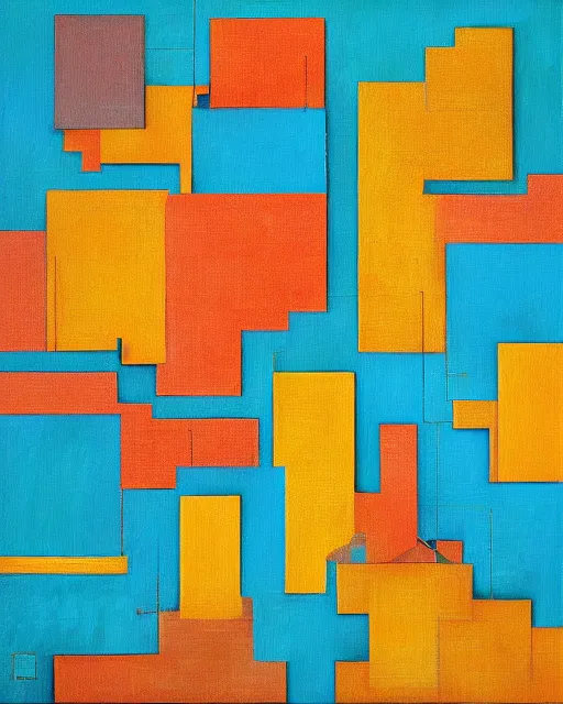 Image similar to a painting of satellite view of a square city with geometric shapes by ramon chirinos, abstract geometric, glitches, ocher and turquoise colors