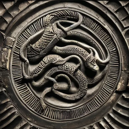 Image similar to serpent king : : grubby, volatile, highly detailed, maximalist : : obsidian carving : : shadows, visual depth, memorial, tomb : :