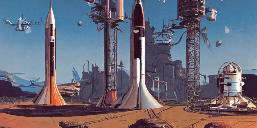 Image similar to retrofuturistic rocket launch base by Syd Mead,