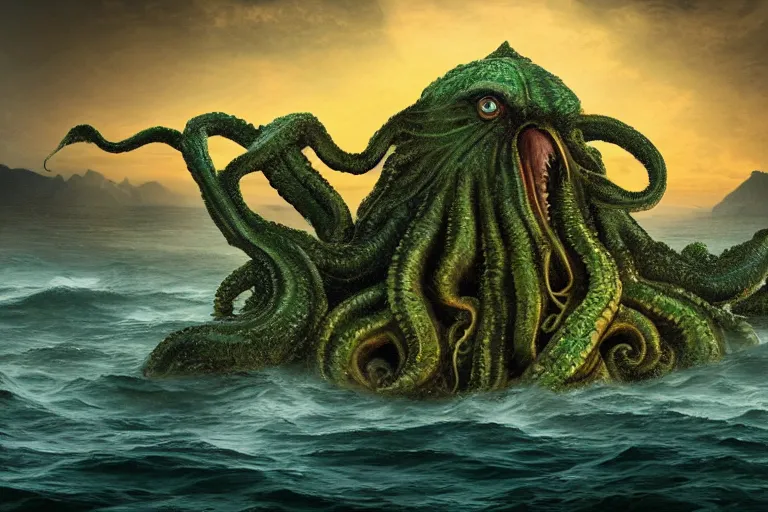 Image similar to giant Cthulhu with a parrot head, high definition, photorealistic, long shot, epic, horizon mountain over water