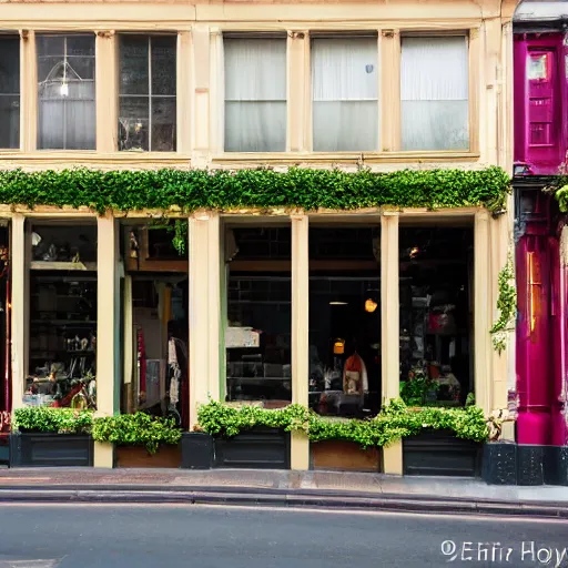 Prompt: a row of shops on main street shot straight-on, one of the shops has ivy pouring out of the door