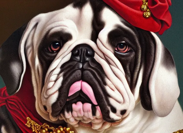 Prompt: baroque rococo painting The Fancy Royal Bulldog portrait Greg Hildebrandt high detail cute puppy