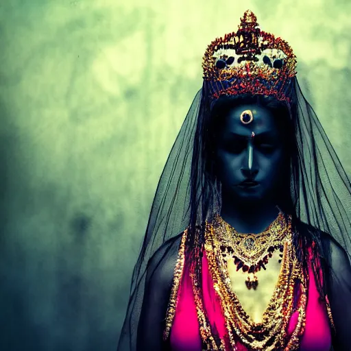 Image similar to beautiful Hindu queen of the dark with veil, in darkness, cover with blood, horror terrifying, soft light, surreal realistic, photorealistic, hyper details, full HD, 8k!