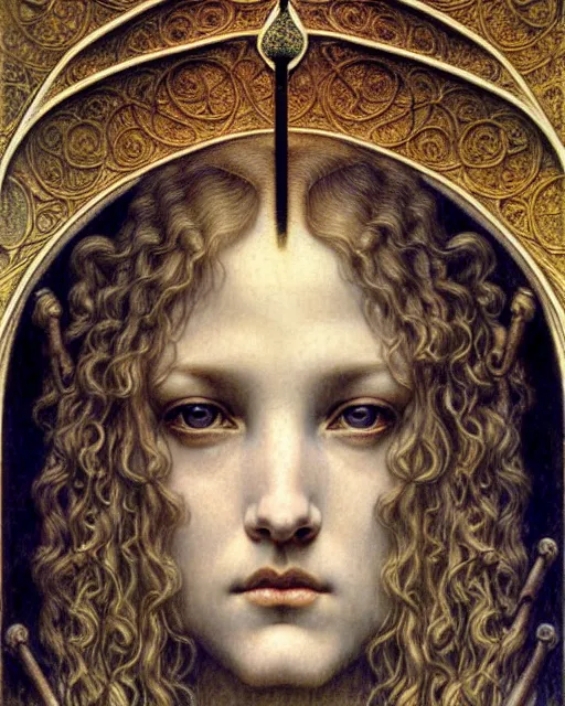 Image similar to detailed realistic beautiful young medieval queen face portrait by jean delville, gustave dore and marco mazzoni, art nouveau, symbolist, visionary, gothic, pre - raphaelite. horizontal symmetry