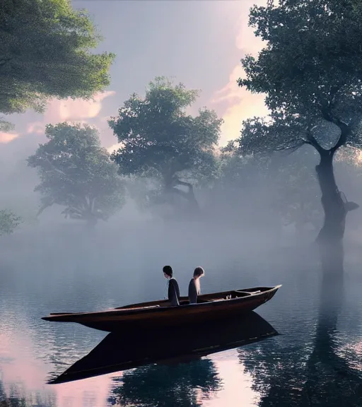 Image similar to three humans in a boat with a reflection of three crows in a swamp, volumetric lighting, fog, majestic light, octane render, ethereal glare of the sun, hyperrealistic, epic, masterpiece, by makoto shinkai