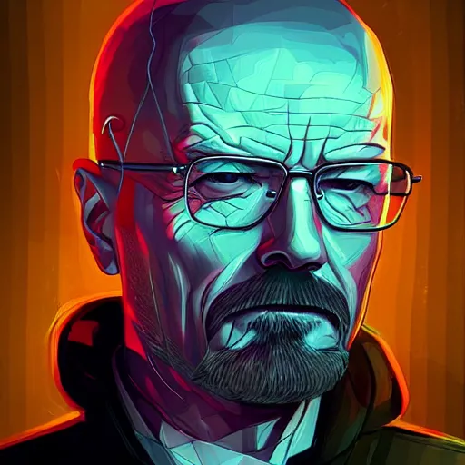 Image similar to high quality, walter white, portrait, cyberpunk colors, neotrad, lois van baarle, moebius