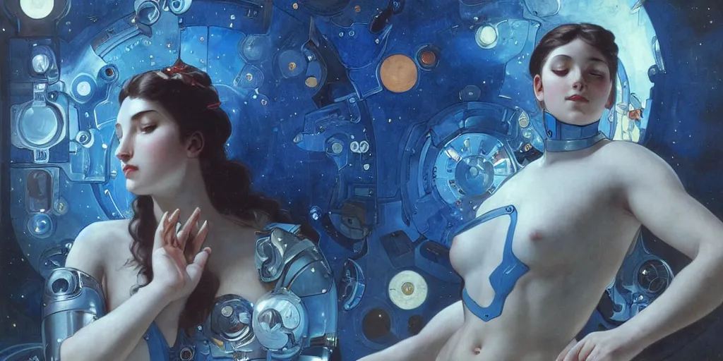 Prompt: a blue cybernetic woman with mechanical arms meditating over a pool of outer space, by alexandros pyromallis, bouguereau, rutkowski, artgerm, alphonse mucha