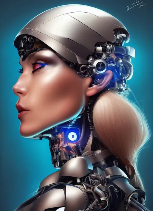 Image similar to portrait of a cyborg woman who turns her head to the ((((((right))))) left+330 (((((up))))) (((((down))))) by Artgerm,eyes closed , biomechanical, hyper detailled, trending on artstation