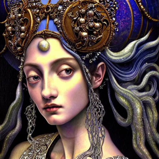 Prompt: baroque closeup renaissance portrait of a beautiful moon goddess with stars in her hair, reflective detailed textures, glittering silver ornaments, dark fantasy science fiction painting by diego rivera and jean delville and ruan jia and nicholas roerich and annie swynnerton, dramatic lighting, gleaming silver and rich colors, floral tattoos, artstation, octane render