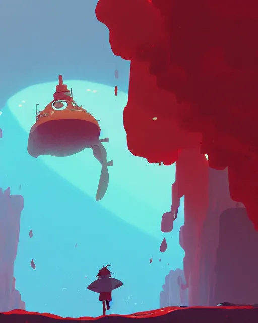 Image similar to a submarine made of red stone, deep water, glowing seaweeds, cory loftis, james gilleard, atey ghailan, makoto shinkai, goro fujita, studio ghibli, rim light, exquisite lighting, clear focus, very coherent, plain background, soft painting