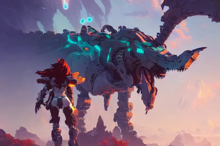 Image similar to grimhorn fanghorn machine mecha animal beast robot of horizon forbidden west horizon zero dawn bioluminiscence, behance hd by jesper ejsing, by rhads, makoto shinkai and lois van baarle, ilya kuvshinov, rossdraws global illumination