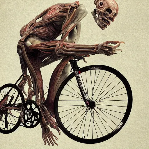 Image similar to fixed gear bike made of flesh and bones, scream and fear, body-horror, high detail, photorealism, full length view, insanely intricate details, octane render, 16k, 8k