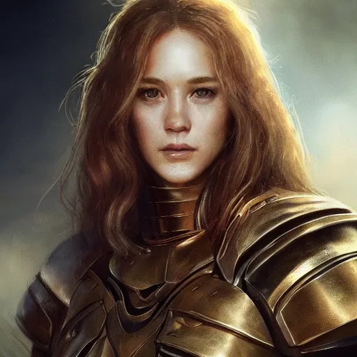 Image similar to attractive aesthetically pleasing young woman portrait, partially clothed in metal-plated battle armor, atmospheric lighting, painted, intricate, volumetric lighting, beautiful, golden hour, sharp focus, ultra detailed, by Leesha Hannigan, Ross Tran, Thierry Doizon, Kai Carpenter,Ignacio Fernández Ríos