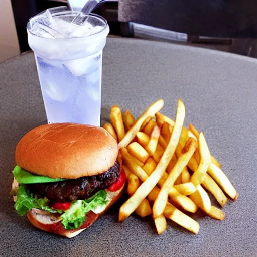 Image similar to pebbles burger, soda, fries