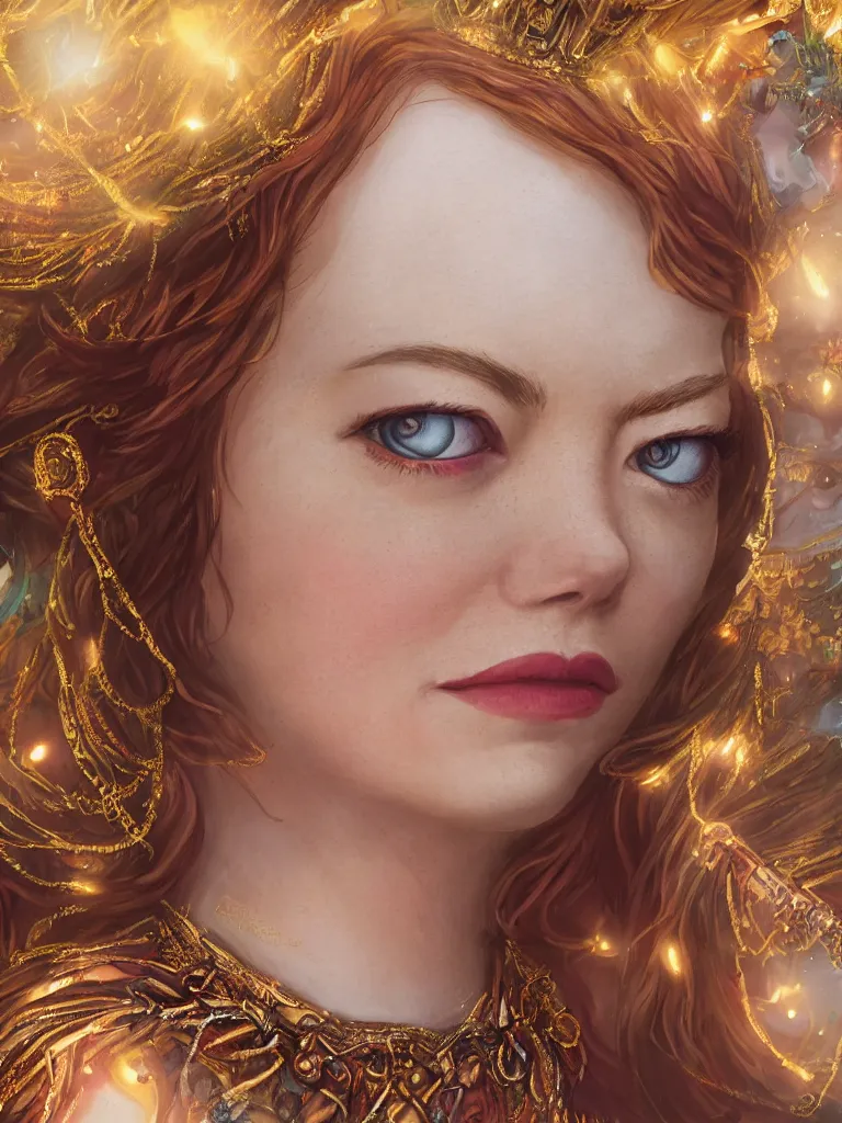 Image similar to close up portrait of emma stone as a beautiful female goddess with glowing necklace, stone courtyard background fantasy atmosphere, decolletage, confident pose, coherent, insane detail, concept art, character concept, cinematic lighting, global illumination radiating a glowing aura