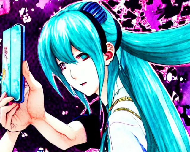 Image similar to a high detail watercolor of Hatsune Miku taking a selfie by Yukito Kishiro and katsuhiro otomo, illustration, hyper-detailed, colorful, complex, intricate, masterpiece, epic