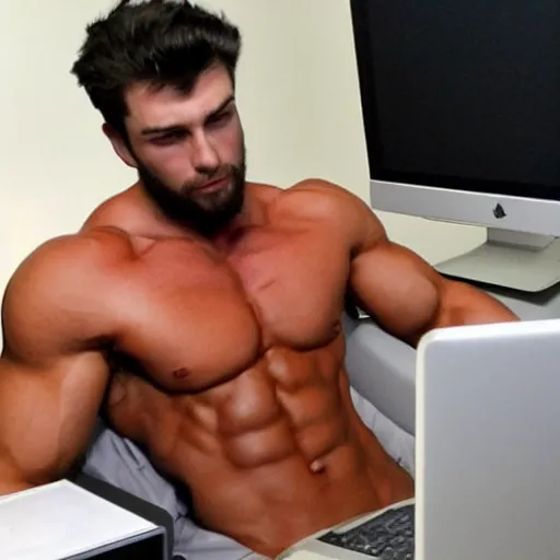 Prompt: a chad. muscular. godlike. using a computer.