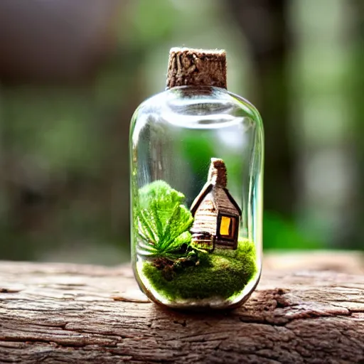 Image similar to tiny people living in a wooden cottage inside a terrarium bottle.