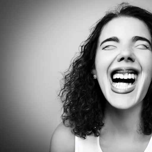 Image similar to first - person photograph of a woman laughing histerically, white space, 4 k, professional photography, extreme detail, realistic facial features, eye contact