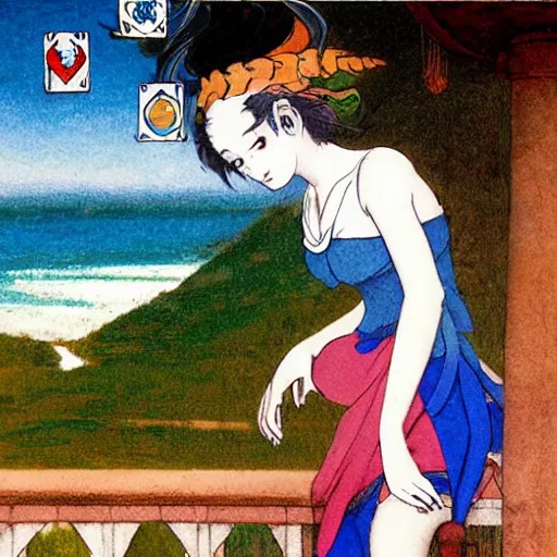 Image similar to A girl jester on the front of a Balustrade with a beach on the background, major arcana, a colab between studio ghibli and paul delaroche