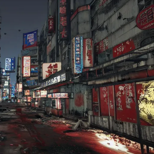 Prompt: Kabukicho, Tokyo in ruins post-nuclear war in Fallout 4, in game screenshot