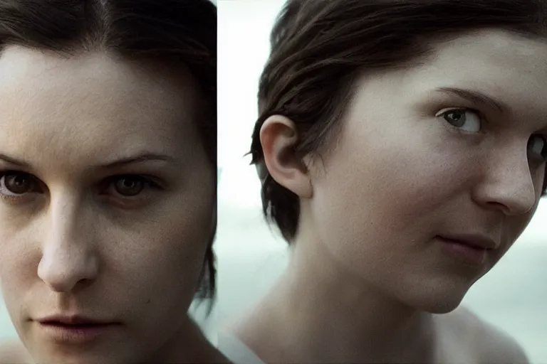 Image similar to movie closeup polar opposites, couple, beautiful skin, Symmetrical faces. Beautiful lighting by Emmanuel Lubezki