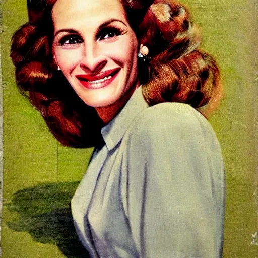 Prompt: “Julia Roberts portrait, color vintage magazine illustration 1950”