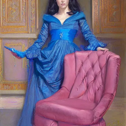 Image similar to portrait of a queen, dressed in blue and pink, by donato giancola.