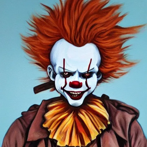 Prompt: Painting of dirty homeless Pennywise in scrappy clothing, by James Earley