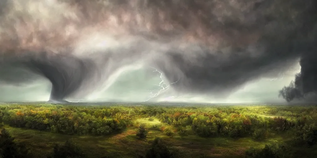 Image similar to A tornado in a beautiful scenic landscape, nature, trees, wide angle, super highly detailed, professional digital painting, artstation, concept art, smooth, sharp focus, no blur, no dof, extreme illustration, Unreal Engine 5, Photorealism, HD quality, 8k resolution, cinema 4d, 3D, beautiful, cinematic, art by artgerm and greg rutkowski and alphonse mucha and loish and WLOP