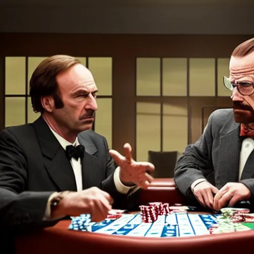 Image similar to saul goodman and walter white playing poker, ultra realistic, cinematic