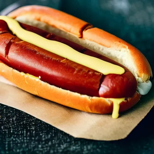 Image similar to a hotdog with just mustard and garnish on it