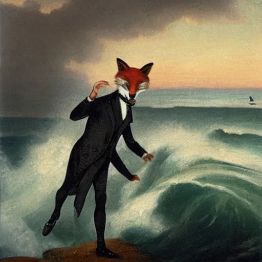 Image similar to anthro fox man in suit about to fall off cliff into scary stormy ocean, far shot, 19th century painting