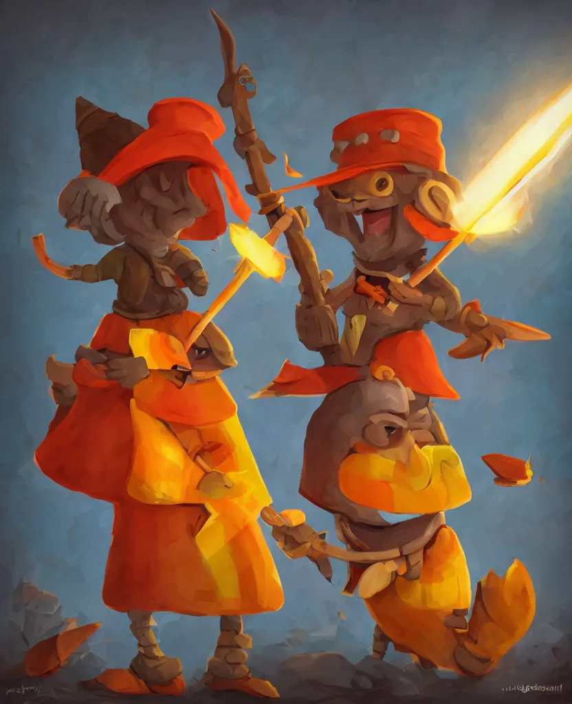 Image similar to a cartoon candy corn character holding a spear and wearing a hat, a character portrait by muggur, trending on deviantart, pop surrealism, 2 d game art, apocalypse art, by by joao artur da silva, tumblr contest winner, shock art