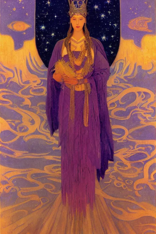 Prompt: queen of twilight with stars in her hair by Nicholas Roerich and Annie Swynnerton and Diego Rivera and jean delville, dramatic cinematic lighting , ornate headdress , flowing robes, sacred artifacts, lost civilizations, smooth, sharp focus, extremely detailed