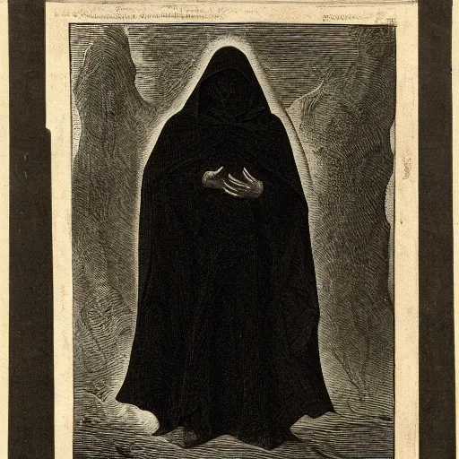 Prompt: a dark figure wearing a hooded cloak