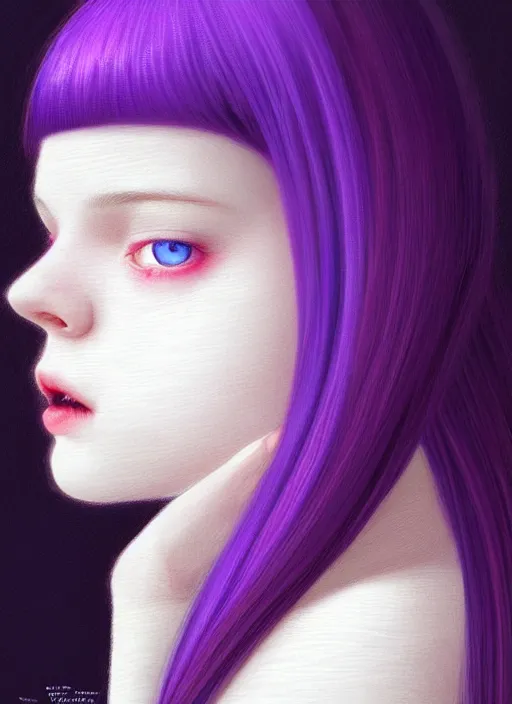 Image similar to hair whitebangs hair, black hair, whitebangs, portrait of teenage girl with white bangs, red irises, purple clothes, white bangs, bangs are different color from hair, intricate, elegant, glowing lights, highly detailed, digital painting, artstation, concept art, smooth, sharp focus, illustration, art by wlop, mars ravelo and greg rutkowski