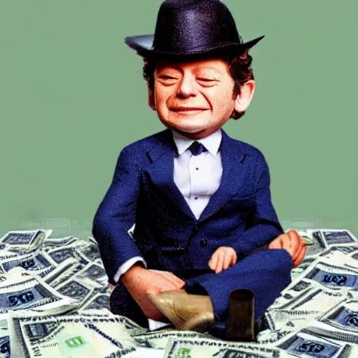 Image similar to a very small man sitting, happy on a large pile of money, brewster millions