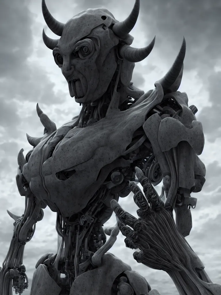 Image similar to Techno-God is an ancient mechanical gray giant horned humanoid, digital art, 16k, hyperrealism, high detail, ray tracing, concept art, octane render