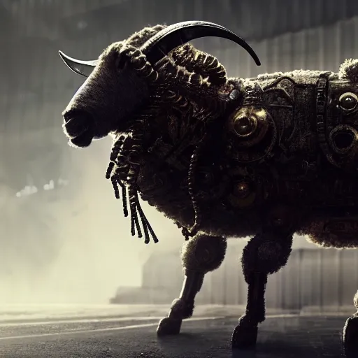 Prompt: robot ram sheep, intricate, sinister, futuristic, ultra realistic, hyper detailed, cinematic, digital art, artstation, trending,