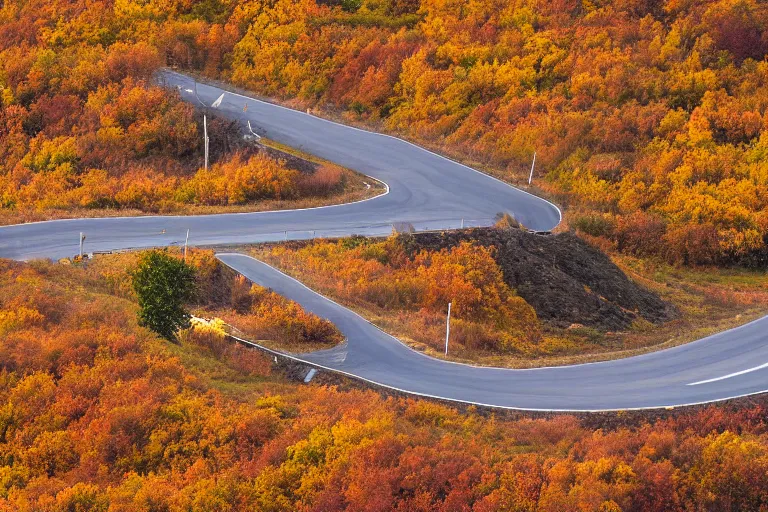 Image similar to a road next to warehouses, and a autumn hill background with a radio tower on top, 3 0 0 mm telephoto lens