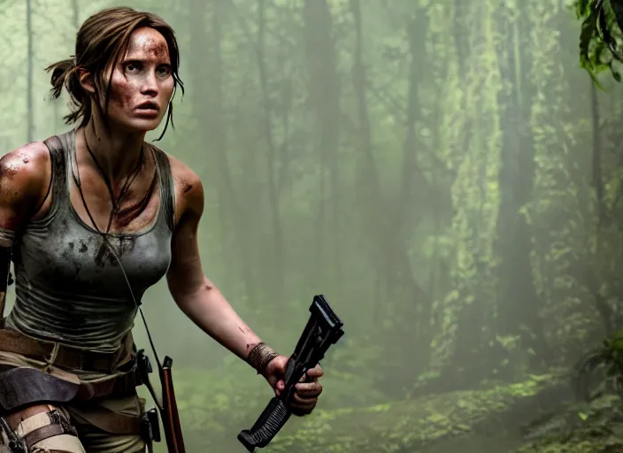 Image similar to film still of!!!! daisy edgar jones!!! as lara croft in new tomb raider movie, 8 k