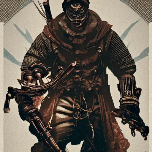 Image similar to an ultra detailed vector image of a big daddy from bioshock dressed as the hunter from bloodborne, concept art by alphonse mucha and greg rutkowski, scary shadows, blood moon eclipse, polaroid octane render, laminal space