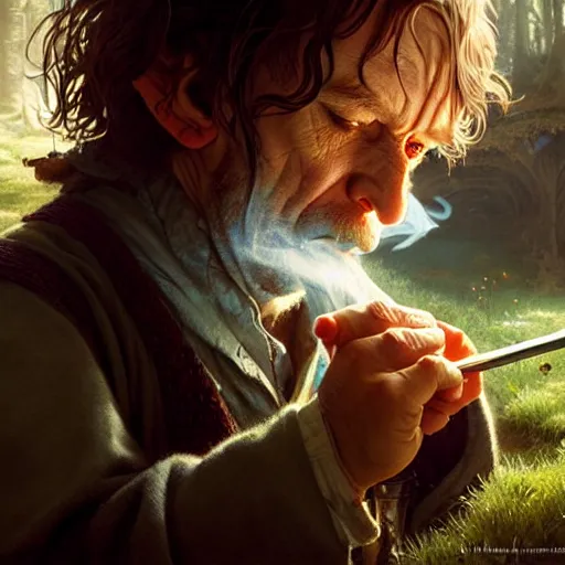 Image similar to A hobbit smoking meth, ultra realistic, concept art, intricate details, eerie, highly detailed, photorealistic, octane render, 8k, unreal engine, art by artgerm and greg rutkowski and alphonse mucha