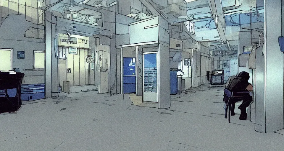 Image similar to Scene within the location called 'Public security section 9'. Police station interior. Screenshot from an episode of the anime 'Ghost in the shell: Stand Alone Complex' (2003). Produced by 'Production I.G'. Original manga by Masamune Shirow. Art direction by Kazuki Higashiji and Yuusuke Takeda.