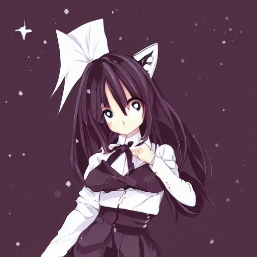 Prompt: a “red-eyed black-haired anime fox girl” “wearing black fingerless-gloves, high-waist-black-skirt, white-collared-shirt blue-open-jacket, black-necktie”, “unsheathing her katana”, white background, visual-key, anime illustration, pixiv, anime-twitter