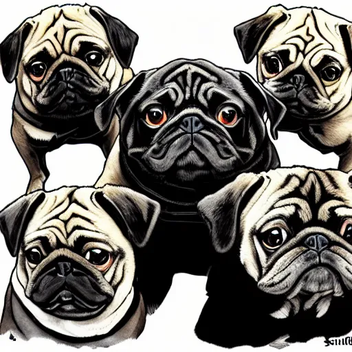 Image similar to self portrait showing family of pugs illustrated by yoji shinkawa, extra details, colored, 4 k, dynamic lighting