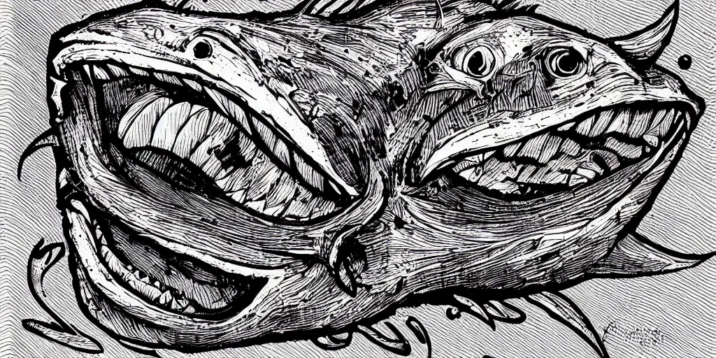 Image similar to illustration of an angler fish, deep sea, large mouth filled with pointed teeth, stylized linework, ornamentation, artistic, muted color wash