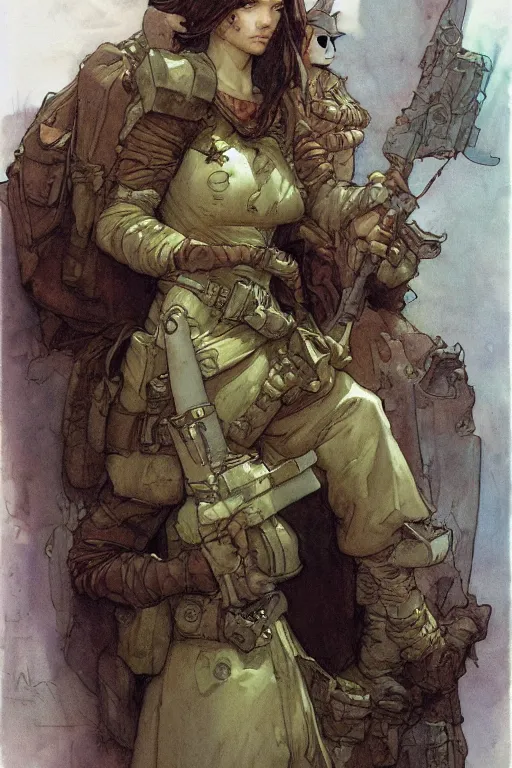 Image similar to pencil sketch of cute soldier girl by marc simonetti and brian froud and Mike Mignola and Alfons Maria Mucha and peter mohrbacher, hyperdetailed