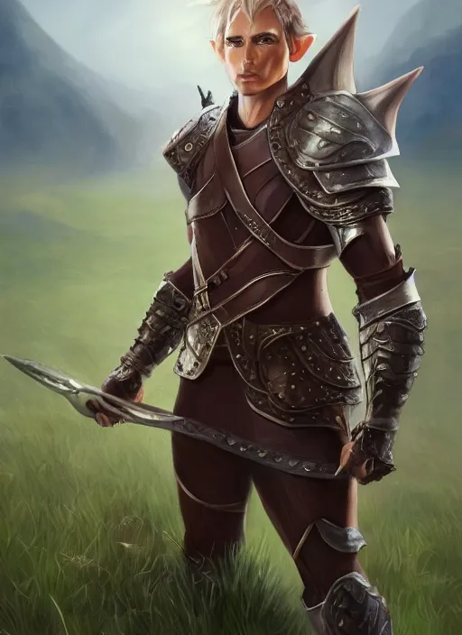 Prompt: A fantasy portrait painting of a male elf wearing leather armor on a beautiful meadow, DAZ, hyperrealistic, ambient light, dynamic light, trending on artstation, d&d, RPG portrait